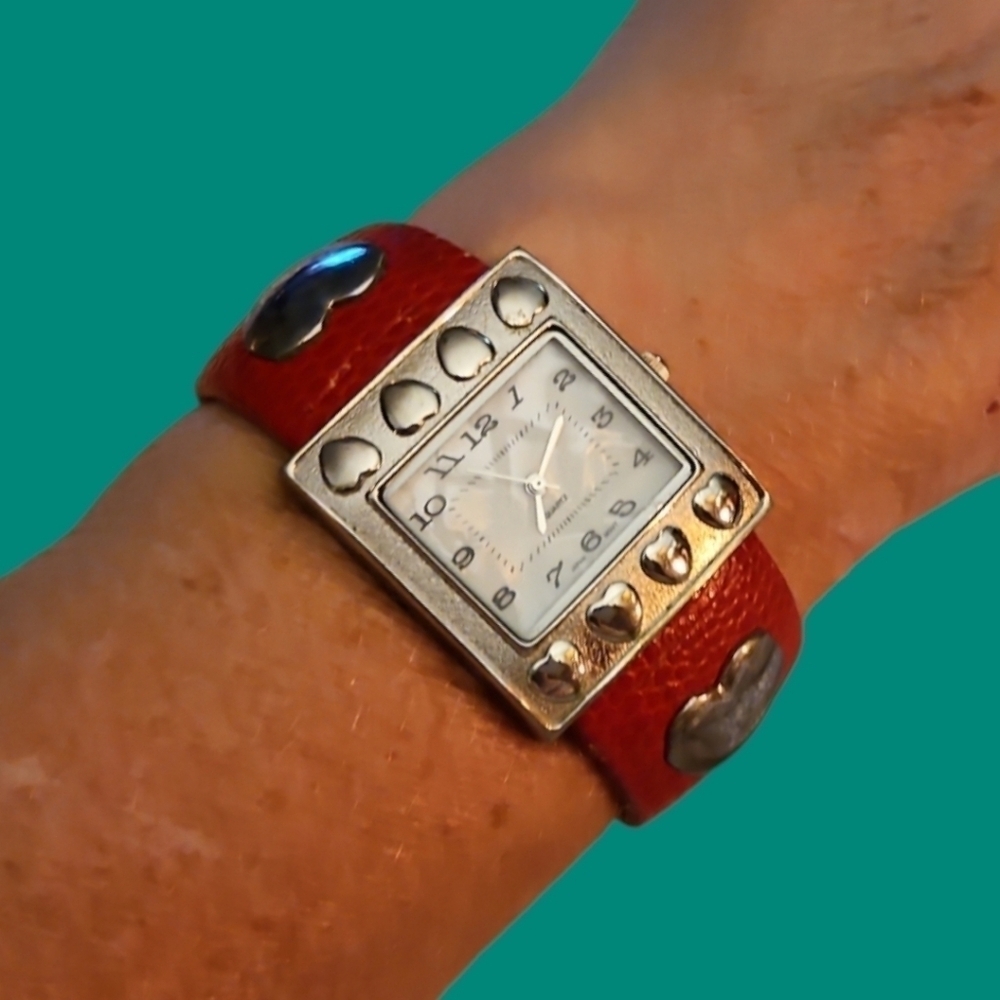 Vintage 1990s Heart Studded Red Leather Women's Bracelet Watch